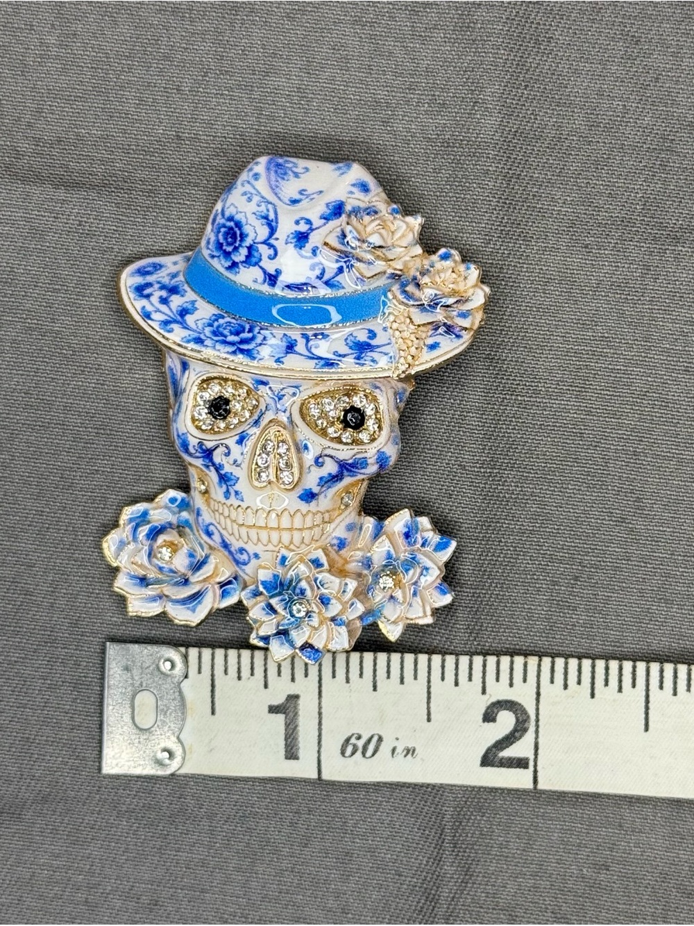 Blue Floral Skull Brooch with Hat - Decorative Women’s Accessory